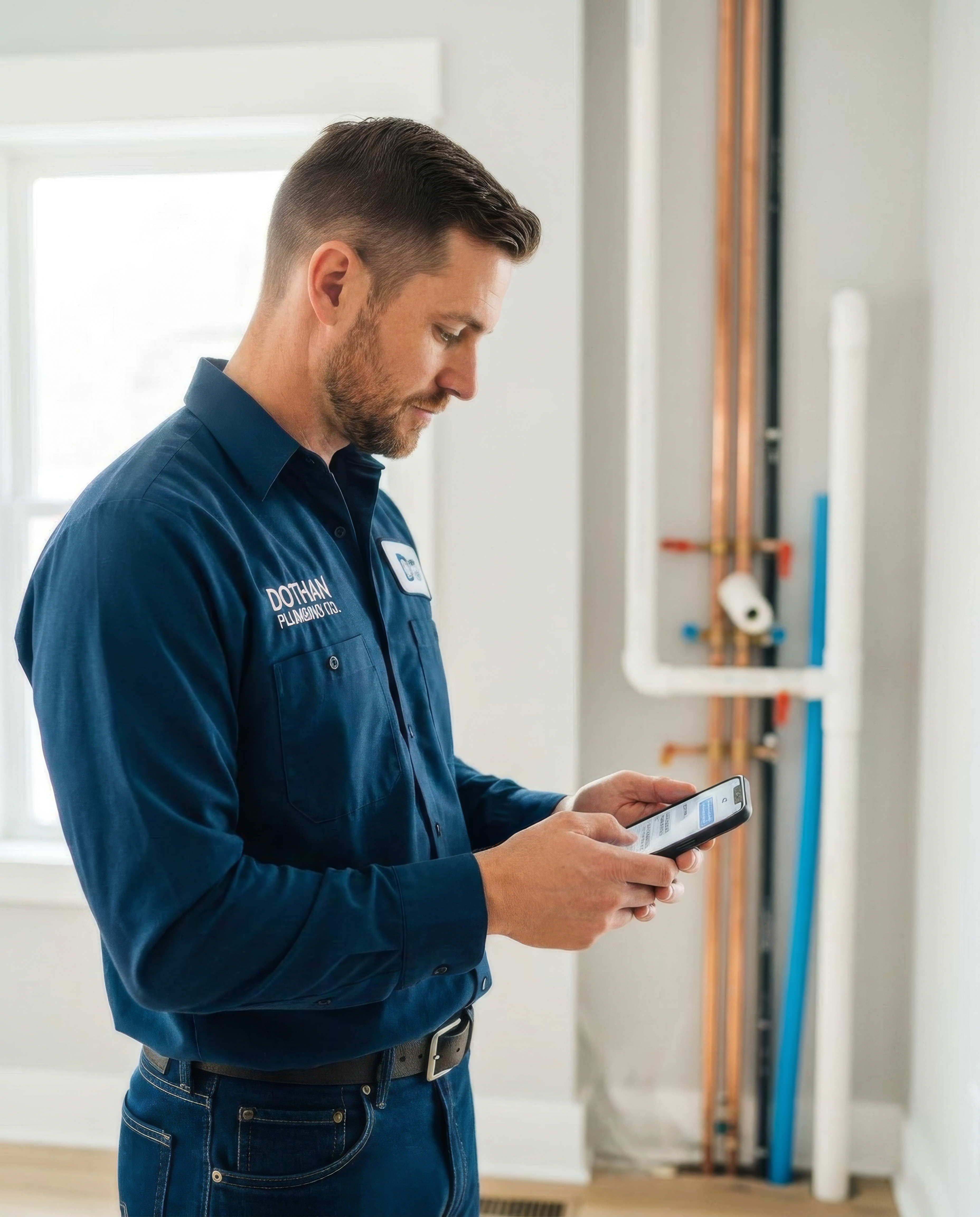 A plumber in a navy uniform checking his phone while on a job inside a home.